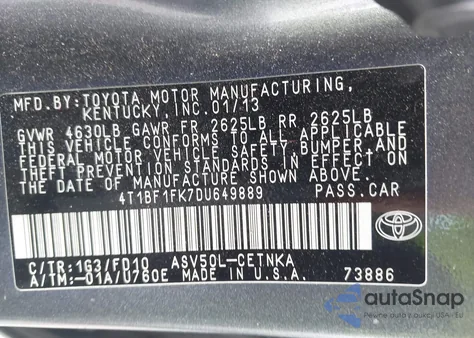 2013 Toyota Camry Le z USA, uszkodzony, nr VIN 4T1BF1FK7DU649889